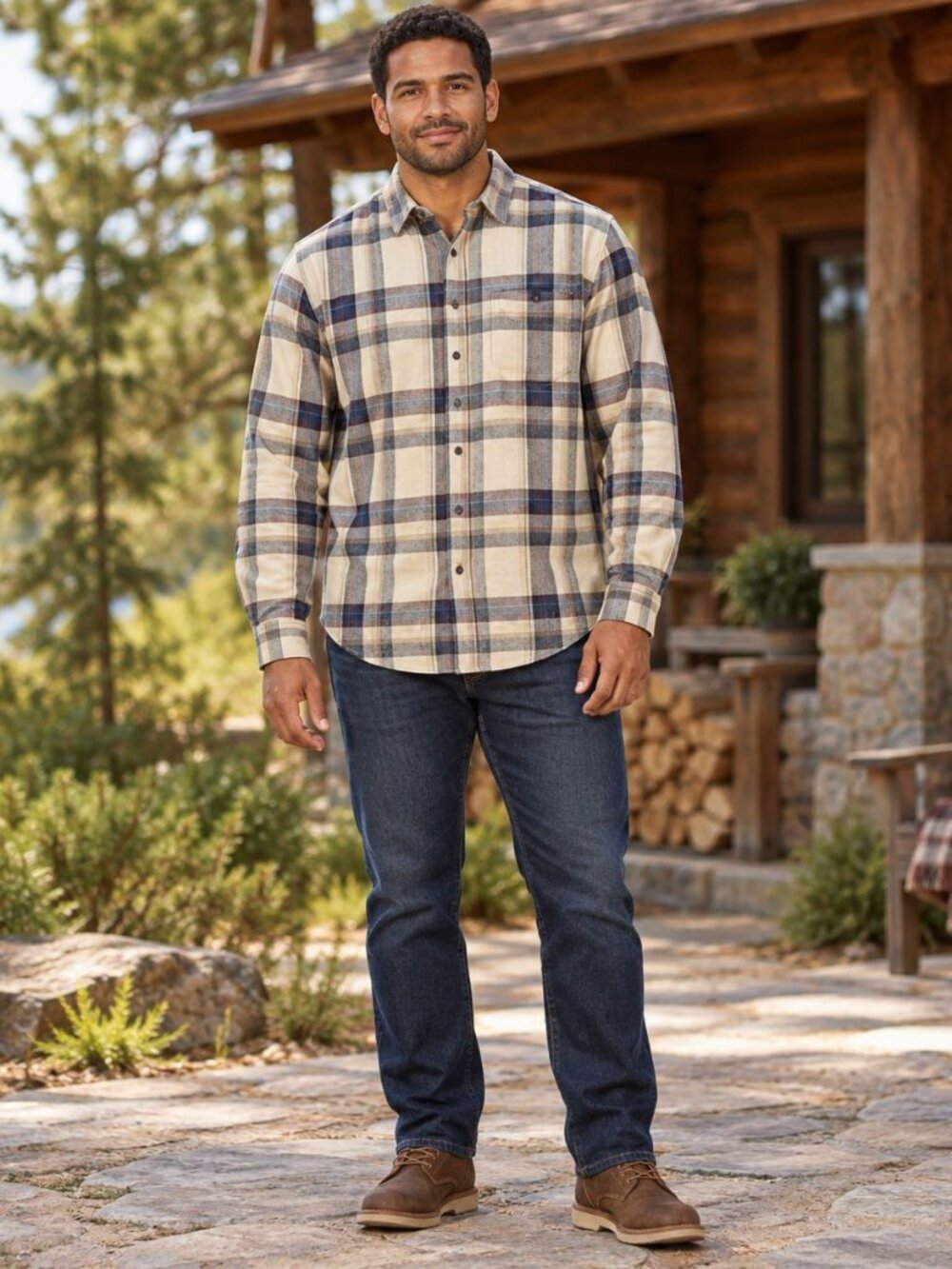 Cabela’s XL Plaid Cotton Button Front Shirt Tan Navy Cabincore Outdoorsy